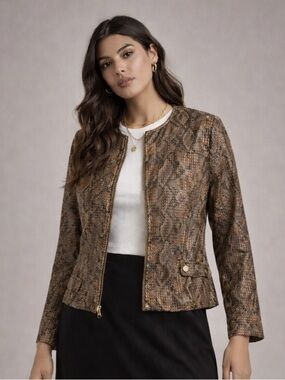 Ruby Rd Jacket CoatFaux Snakeskin Brown Zip Front Women's size 10P NWT